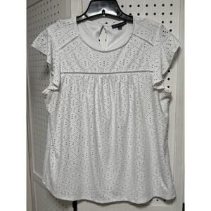 Adrianna Papell White Eyelet Knit Flutter Sleeve Top Size Large